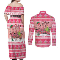 Flamingo Pink Christmas Couples Matching Off Shoulder Maxi Dress and Long Sleeve Button Shirt Fa La La La Min Go - Wonder Print Shop