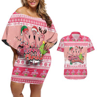 Flamingo Pink Christmas Couples Matching Off Shoulder Short Dress and Hawaiian Shirt Fa La La La Min Go - Wonder Print Shop