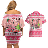 Flamingo Pink Christmas Couples Matching Off Shoulder Short Dress and Hawaiian Shirt Fa La La La Min Go - Wonder Print Shop