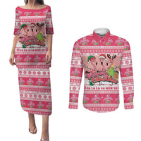 Flamingo Pink Christmas Couples Matching Puletasi and Long Sleeve Button Shirt Fa La La La Min Go - Wonder Print Shop
