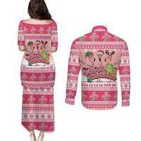 Flamingo Pink Christmas Couples Matching Puletasi and Long Sleeve Button Shirt Fa La La La Min Go - Wonder Print Shop