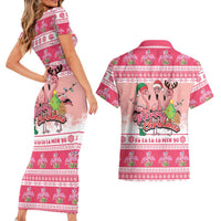 Flamingo Pink Christmas Couples Matching Short Sleeve Bodycon Dress and Hawaiian Shirt Fa La La La Min Go - Wonder Print Shop
