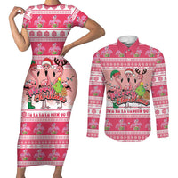 Flamingo Pink Christmas Couples Matching Short Sleeve Bodycon Dress and Long Sleeve Button Shirt Fa La La La Min Go - Wonder Print Shop