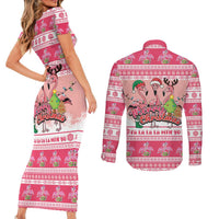 Flamingo Pink Christmas Couples Matching Short Sleeve Bodycon Dress and Long Sleeve Button Shirt Fa La La La Min Go - Wonder Print Shop