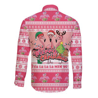 Flamingo Pink Christmas Long Sleeve Button Shirt Fa La La La Min Go - Wonder Print Shop