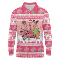Flamingo Pink Christmas Long Sleeve Polo Shirt Fa La La La Min Go - Wonder Print Shop