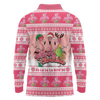 Flamingo Pink Christmas Long Sleeve Polo Shirt Fa La La La Min Go - Wonder Print Shop