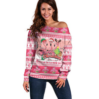 Flamingo Pink Christmas Off Shoulder Sweater Fa La La La Min Go - Wonder Print Shop