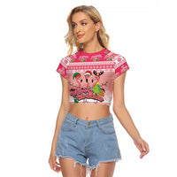 Flamingo Pink Christmas Raglan Cropped T Shirt Fa La La La Min Go - Wonder Print Shop