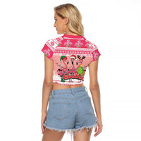 Flamingo Pink Christmas Raglan Cropped T Shirt Fa La La La Min Go - Wonder Print Shop