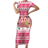 Flamingo Pink Christmas Short Sleeve Bodycon Dress Fa La La La Min Go - Wonder Print Shop