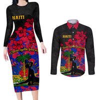Haiti Independence Day Couples Matching Long Sleeve Bodycon Dress and Long Sleeve Button Shirt Hibiscus Neg Marron - Wonder Print Shop