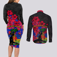 Haiti Independence Day Couples Matching Long Sleeve Bodycon Dress and Long Sleeve Button Shirt Hibiscus Neg Marron - Wonder Print Shop