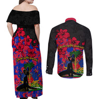 Haiti Independence Day Couples Matching Off Shoulder Maxi Dress and Long Sleeve Button Shirt Hibiscus Neg Marron - Wonder Print Shop