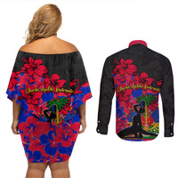 Haiti Independence Day Couples Matching Off Shoulder Short Dress and Long Sleeve Button Shirt Hibiscus Neg Marron - Wonder Print Shop