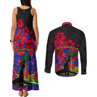 Haiti Independence Day Couples Matching Tank Maxi Dress and Long Sleeve Button Shirt Hibiscus Neg Marron - Wonder Print Shop