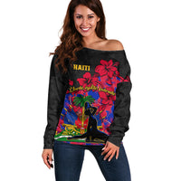 Haiti Independence Day Off Shoulder Sweater Hibiscus Neg Marron - Wonder Print Shop