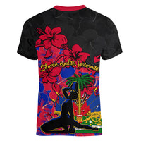 Haiti Independence Day Women V Neck T Shirt Hibiscus Neg Marron - Wonder Print Shop