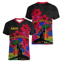Haiti Independence Day Women V Neck T Shirt Hibiscus Neg Marron - Wonder Print Shop