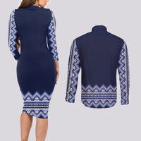 Ukraine Folk Pattern Couples Matching Long Sleeve Bodycon Dress and Long Sleeve Button Shirt Ukrainian Navy Blue Version - Wonder Print Shop