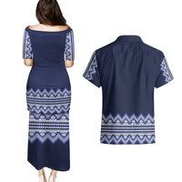 Ukraine Folk Pattern Couples Matching Puletasi Dress and Hawaiian Shirt Ukrainian Navy Blue Version - Wonder Print Shop