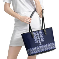 Ukraine Folk Pattern Leather Tote Bag Ukrainian Navy Blue Version - Wonder Print Shop