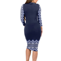 Ukraine Folk Pattern Long Sleeve Bodycon Dress Ukrainian Navy Blue Version - Wonder Print Shop