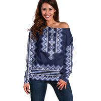 Ukraine Folk Pattern Off Shoulder Sweater Ukrainian Navy Blue Version - Wonder Print Shop