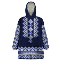 Ukraine Folk Pattern Wearable Blanket Hoodie Ukrainian Navy Blue Version - Wonder Print Shop
