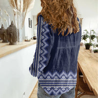 Ukraine Folk Pattern Women Casual Shirt Ukrainian Navy Blue Version - Wonder Print Shop