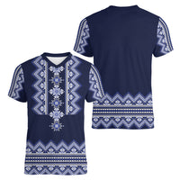 Ukraine Folk Pattern Women V Neck T Shirt Ukrainian Navy Blue Version - Wonder Print Shop