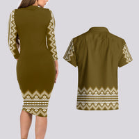 Ukraine Folk Pattern Couples Matching Long Sleeve Bodycon Dress and Hawaiian Shirt Ukrainian Wood Brown Version - Wonder Print Shop