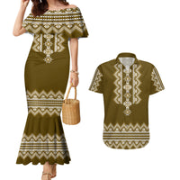 Ukraine Folk Pattern Couples Matching Mermaid Dress and Hawaiian Shirt Ukrainian Wood Brown Version - Wonder Print Shop