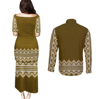 Ukraine Folk Pattern Couples Matching Puletasi Dress and Long Sleeve Button Shirt Ukrainian Wood Brown Version - Wonder Print Shop