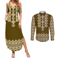 Ukraine Folk Pattern Couples Matching Summer Maxi Dress and Long Sleeve Button Shirt Ukrainian Wood Brown Version - Wonder Print Shop