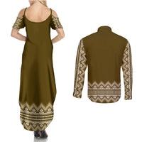 Ukraine Folk Pattern Couples Matching Summer Maxi Dress and Long Sleeve Button Shirt Ukrainian Wood Brown Version - Wonder Print Shop