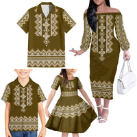 Ukraine Folk Pattern Family Matching Off Shoulder Long Sleeve Dress and Hawaiian Shirt Ukrainian Wood Brown Version - Wonder Print Shop