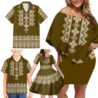 Ukraine Folk Pattern Family Matching Off Shoulder Short Dress and Hawaiian Shirt Ukrainian Wood Brown Version - Wonder Print Shop