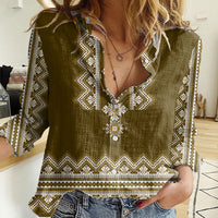 Ukraine Folk Pattern Women Casual Shirt Ukrainian Wood Brown Version - Wonder Print Shop