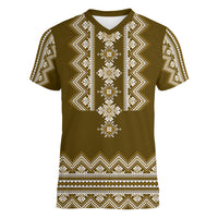 Ukraine Folk Pattern Women V Neck T Shirt Ukrainian Wood Brown Version - Wonder Print Shop