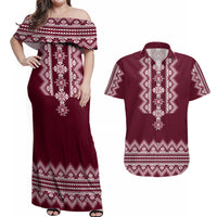 Ukraine Folk Pattern Couples Matching Off Shoulder Maxi Dress and Hawaiian Shirt Ukrainian Wine Red Version - Wonder Print Shop