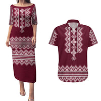 Ukraine Folk Pattern Couples Matching Puletasi Dress and Hawaiian Shirt Ukrainian Wine Red Version - Wonder Print Shop