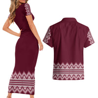 Ukraine Folk Pattern Couples Matching Short Sleeve Bodycon Dress and Hawaiian Shirt Ukrainian Wine Red Version - Wonder Print Shop