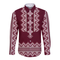 Ukraine Folk Pattern Long Sleeve Button Shirt Ukrainian Wine Red Version - Wonder Print Shop