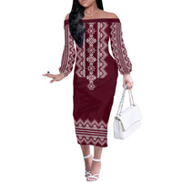 Ukraine Folk Pattern Off The Shoulder Long Sleeve Dress Ukrainian Wine Red Version - Wonder Print Shop