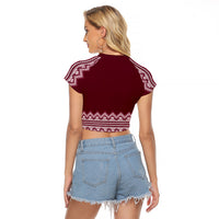 Ukraine Folk Pattern Raglan Cropped T Shirt Ukrainian Wine Red Version - Wonder Print Shop