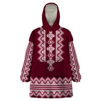 Ukraine Folk Pattern Wearable Blanket Hoodie Ukrainian Wine Red Version - Wonder Print Shop