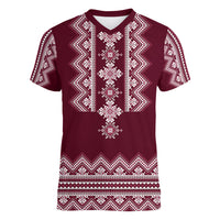 Ukraine Folk Pattern Women V Neck T Shirt Ukrainian Wine Red Version - Wonder Print Shop