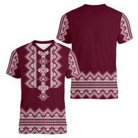Ukraine Folk Pattern Women V Neck T Shirt Ukrainian Wine Red Version - Wonder Print Shop