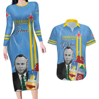 Feliz Dia di Betico Couples Matching Long Sleeve Bodycon Dress and Hawaiian Shirt Aruba Flag Style - Wonder Print Shop